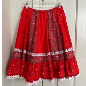 Vintage 70s Little House Creations Red Floral Prairie Skirt Lace Trim Small